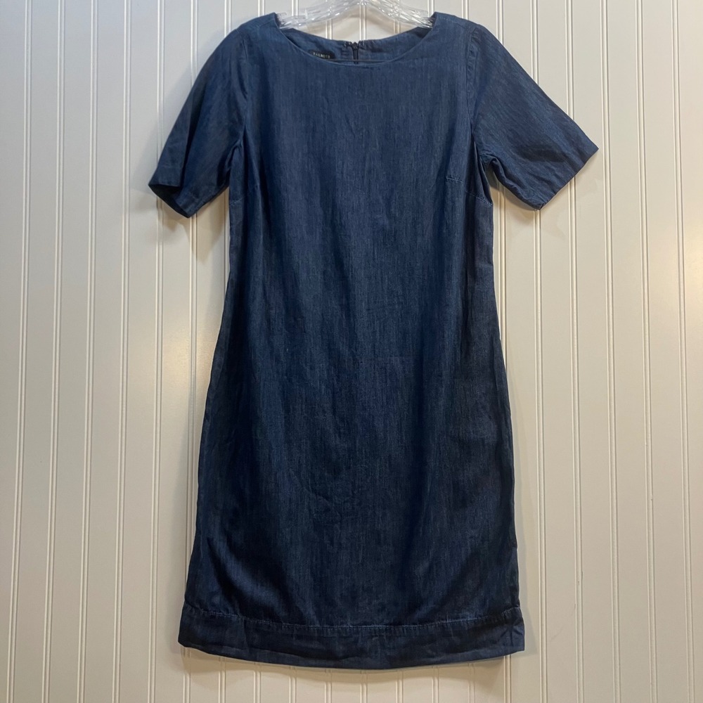 Talbots Womens Dark Wash Denim Shift Dress Short Sleeve Cotton Blue Size 2 EUC